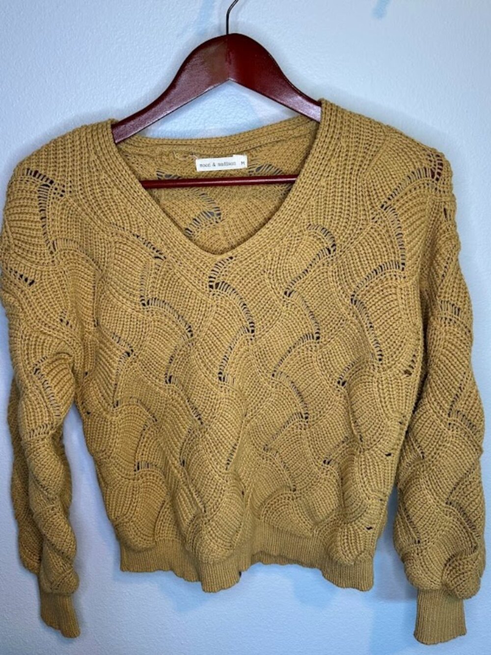 Moon & Madison Mustard Yellow Wavy Open Knit V-Neck Sweater - Medium